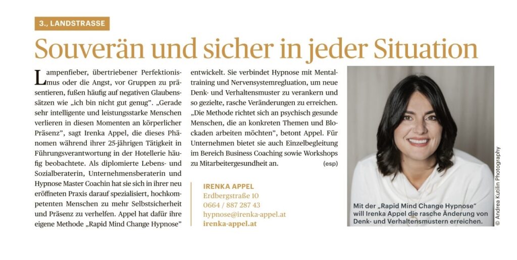 Presseartikel Hypnose Wien Coach Irenka Appel